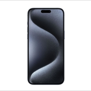 APPLE iPhone 15 Pro Max Titanium Bleu vertical, cadre noir mince, écran abstrait noir et argent sur fond blanc.