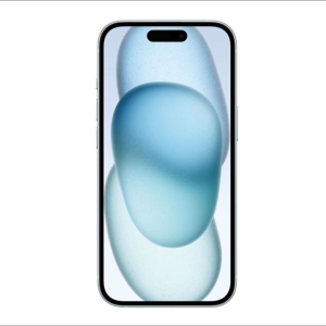 IPhone 15 bleu 128GB en exposition, design moderne et bords fins, disponible à Saint-Georges-de-l'Oyapock.