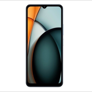 Smartphone Xiaomi Redmi A3 Bleu avec un grand écran, des bords fins, une petite encoche et un fond d'écran abstrait orange-noir-gris.