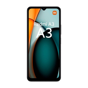 Vue avant du Xiaomi Redmi A3 Midnight Black montrant l'écran avec des formes abstraites orange et sarcelle et le texte "Redmi A3" sur fond blanc.