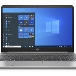 HP 255 G8 Windows Pro, ordinateur portable argenté affichant Windows 10, positionné pour la promotion d'un magasin high-tech.