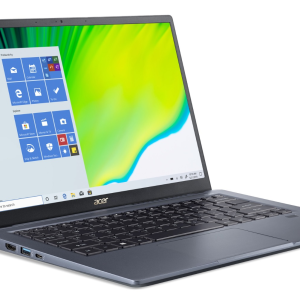 PC portable Acer SF314-511-361C bleu, clavier sombre, menu Windows 10 et fond vert-jaune vif sur fond blanc.
