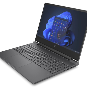 Vue gauche de l'ordinateur portable HP Victus Gaming 15-fa1003nf, écran large et clavier complet, fonctionnant sous Windows 11.