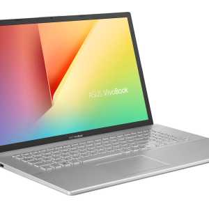 L'ordinateur portable argenté ASUS VivoBook S712JA-BX692W est équipé d'un écran, d'un clavier, d'un pavé tactile et de ports sur le côté gauche.
