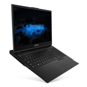 Ordinateur portable de jeu LENOVO LEGION 5 15IMH05H noir ouvert avec le logo LEGION illuminé sur fond blanc.