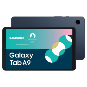 Face et dos de la TABLETTE SAMSUNG GALAXY TAB A9 X110 NAVY ; l'écran affiche les logos Samsung et Paris 2024, ainsi que le texte "Galaxy Tab A9".