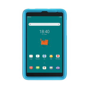 Tablette enfant bleue Blackview Tab 6 Kids, coque résistante, icônes ludiques et chat orange ; dispo à Saint-Georges-de-l'Oyapock.