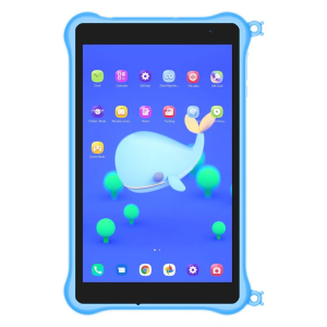 Tablette Blackview Tab 5 Kids bleu avec coque caoutchouc et écran lumineux, exposée à Saint-Georges-de-l'Oyapock.
