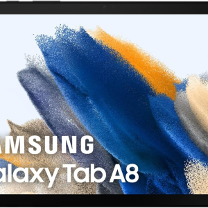 Vue de face du Samsung Galaxy Tab 8 X205 2021 en gris, l'écran affiche un motif abstrait ; présenté pour la vente et le service PC Guyane Est.