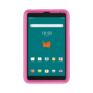 BLACKVIEW TAB 6 Kids Tablette rose dans un étui rose avec un écran vert, un chat orange de dessin animé et des icônes d'applications visibles ; pour les enfants.