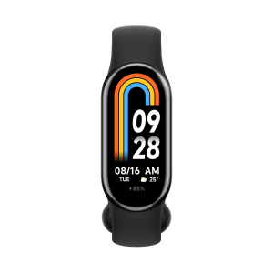 Montre connectée Xiaomi Mi Band 8 Black affichant l'heure 09:28, date 08/16, météo 25°C et batterie à 85 % sur écran couleur.