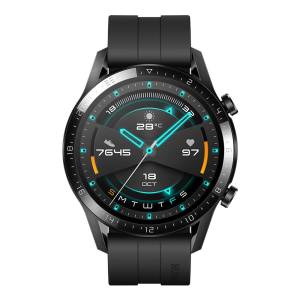 Montre connectée HUAWEI GT 2 Sport noir avec écran rond affichant date, heure, température, pas et rythme cardiaque.