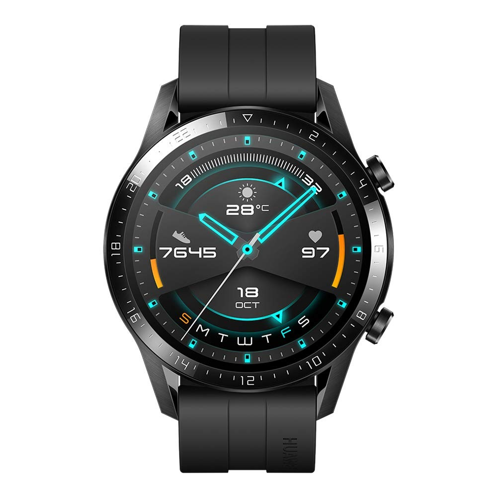 Montre connectée HUAWEI GT 2 Sport noir avec écran rond affichant date, heure, température, pas et rythme cardiaque.