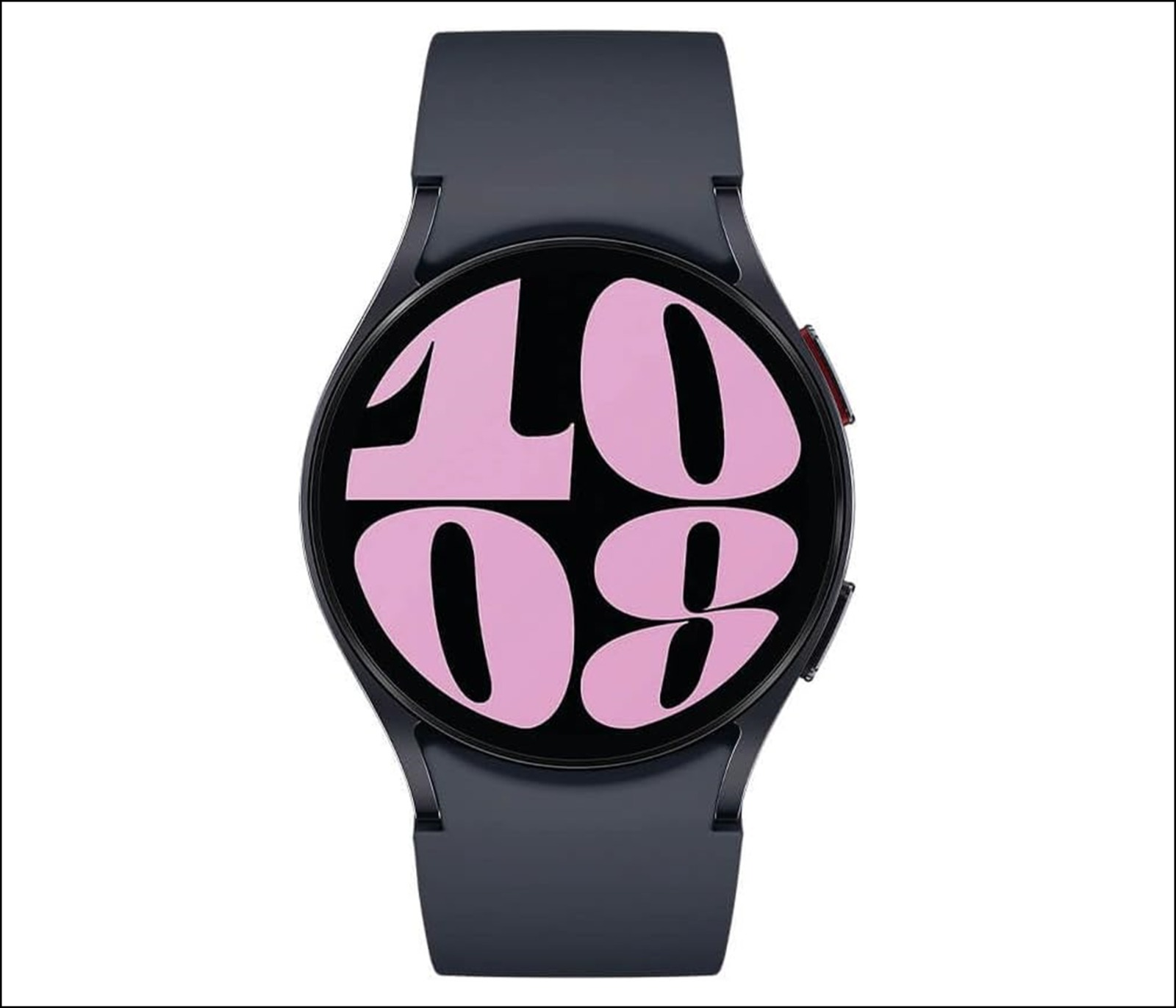 Smartwatch Samsung Galaxy R930 graphite 40mm, écran noir affiche 10:08 en rose gras ; bracelet visible ; prix 319€.