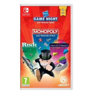 Jaquette de jeu Nintendo Switch Hasbro Game Night, montrant Monopoly, Risk, Trivial Pursuit, logos Ubisoft et PEGI 7.