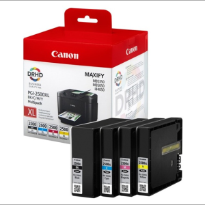 Pack d'encre Canon PGI-2500XL (noir, cyan, magenta, jaune) et boîte, compatible MB5350/MB5050/iB4050 en magasin high-tech.