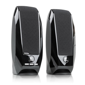 Haut-parleurs d'ordinateur Logitech S-150 noirs avec finition brillante, grilles avant et trois boutons de commande blancs.
