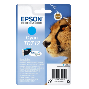 Emballage d'encre pour Epson T0712 cyan, visage de guépard, informations sur le produit et code-barres sur fond bleu. Détails dans le texte.