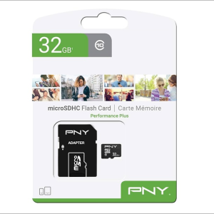 Emballage CARTE MEMOIRE PNY MICRO SDHC 32GO avec logo, détails produit et photos utilisateurs, destiné aux accessoires informatiques.