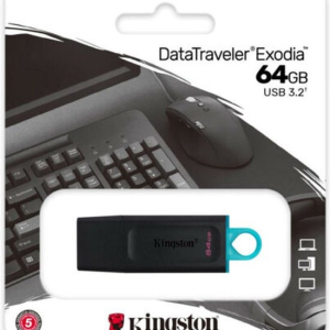 Clé Kingston Exodia USB 64 Go noir turquoise devant clavier et souris, avec logo Kingston et détails visibles sur le produit.