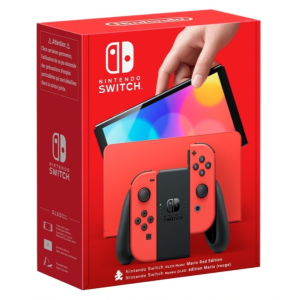 Boîte rouge et blanche de la Nintendo Switch OLED Mario Rouge Edition comprenant la console, la station d'accueil et les manettes Joy-Con - aucun jeu inclus.