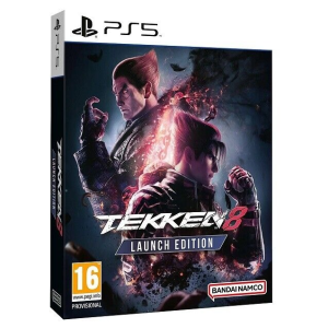 Jaquette Tekken 8 PS5 : deux combattants, effets de feu, PEGI 16, logo Bandai Namco. Usage informatif.