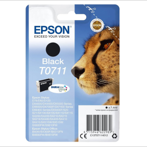 Emballage présentant l'encre ENCRE EPSON T0711 NOIR, l'image du guépard, les détails du produit et les imprimantes compatibles.