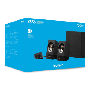 Emballage bleu du haut-parleur Logitech Z533 120W noir avec deux enceintes, un caisson de basses et commande, puissance mise en avant.