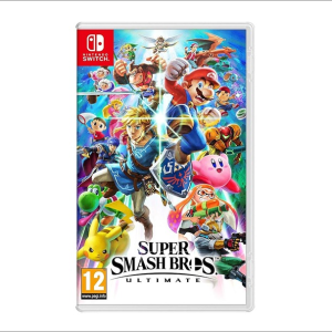 Couverture de Super Smash Bros Ultimate avec Mario, Link, Pikachu et Kirby en action.