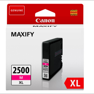 Emballage de la cartouche d'encre magenta Canon PGI-2500XL avec l'étiquette 2500 XL et les couleurs de la marque Canon ; en vente dans un magasin d'informatique.