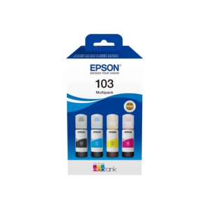 Vue de face du pack de bouteilles d'encre Epson EcoTank 103 pour imprimantes, vendu chez accessoires informatiques Saint-Georges-de-l'Oyapock.