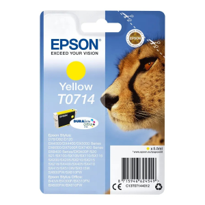 Emballage ENCRE EPSON T0714 jaune avec visage de guépard, détails produit et imprimantes compatibles visibles.