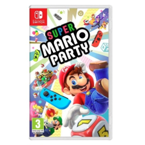 Boîte de Super Mario Party (Switch) avec Mario, des manettes Joy-Con et des personnages sur un fond festif à Saint-Georges-de-l'Oyapock.