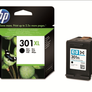 Cartouche HP 301XL noire et emballage décoré de plantes et papillons, disponibles chez un revendeur informatique spécialiste.