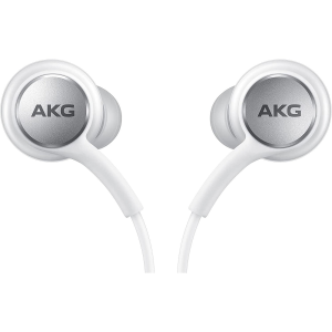 Écouteurs filaires blancs Samsung AKG Type C avec accents argentés, logos AKG, sur fond blanc.
