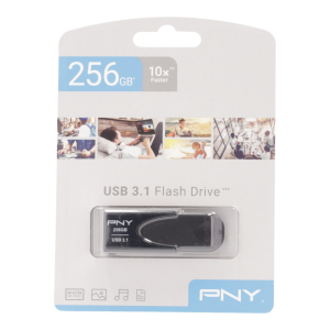 Clé USB PNY ATTACHE 4 256GO en blister transparent, label "10x Faster", illustrations d'utilisateurs, vue informative du produit.