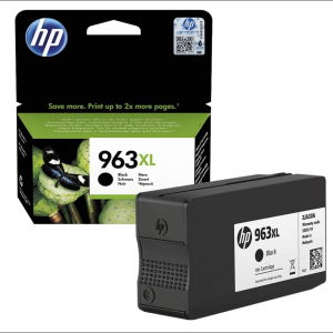 Cartouche HP 963XL noire, emballage montrant des oiseaux sur fruits verts ; grande capacité disponible à Saint-Georges-de-l'Oyapock.
