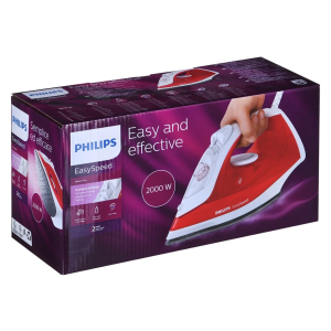 Boîte violette montrant un fer à repasser Philips EasySpeed blanc et rouge avec logo, caractéristiques, et mention " Easy and effective ".