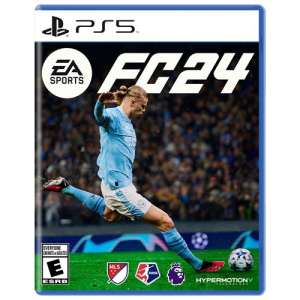 Couverture de JEUX PS5 FIFA FC24 représentant un joueur de football en tenue bleu clair.