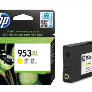 Emballage d'encre HP 953XL jaune avec papillon sur plantes vertes, logo HP et cercle jaune. Informations détaillées dans le texte.