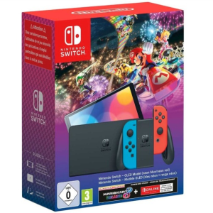 Pack console Nintendo Switch OLED avec Joy-Con rouge/bleu, Mario Kart 8 Deluxe, informations de sécurité et classifications d'âge sur la boîte de marque.