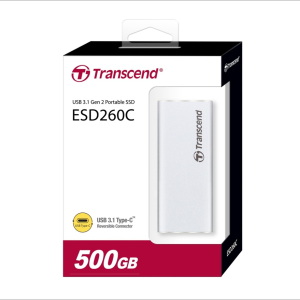 Boîte de vente au détail de SSD EXTERNE TRANSCEND ESD260C NOIR 500GB montrant le disque et la fonction USB 3.1 Type-C au magasin de Saint-Georges-de-l'Oyapock.