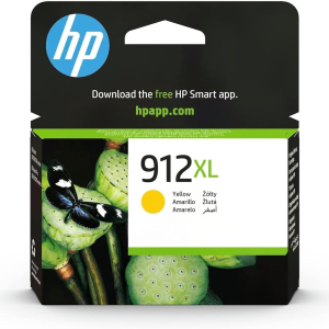 Emballage de l'ENCRE HP 912XL jaune présentant un papillon, des gousses de graines vertes, le logo HP et "yellow" en plusieurs langues.