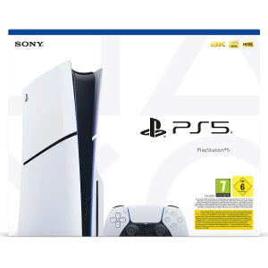 Boîte de la console PS5 Slim Disc Edition blanche 1 To avec manette, logos 8K, 4K, HDR et âges, vendue près de Saint-Georges-de-l'Oyapock.
