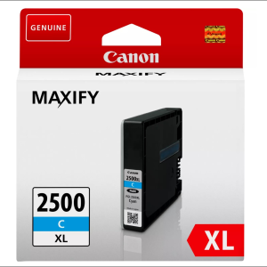 Boîte d'encre cyan Canon PGI-2500XL avec le logo Canon, l'étiquette GENUINE et l'image de la cartouche ; disponible dans un magasin d'informatique.