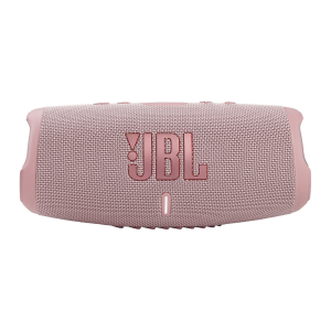 Enceinte Bluetooth JBL Charge 5 rose avec mesh, logo JBL et témoin lumineux visibles en façade.