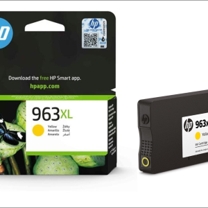 Emballage de l'ENCRE HP 963XL JAUNE (à gauche) et cartouche en gros plan (à droite) avec le logo HP, l'image du papillon et les étiquettes multilingues.