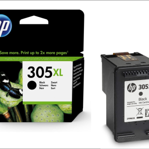 Cartouche HP 305XL Noire et son emballage illustré d'un papillon sur plante verte, promesse de rendement doublé.