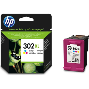 Emballage de l'ENCRE HP 302XL COULEUR avec logo HP, design coloré, et cartouche à côté de la boîte ; à utiliser avec les imprimantes HP.