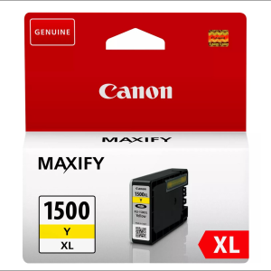 Cartouche Canon PGI-1500XL jaune authentique, 900 pages/12ml, boîte rouge et blanche avec image produit et badge d'authenticité.
